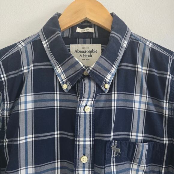 Abercrombie & Fitch Other - Abercrombie & Fitch Mens Plaid Long Sleeve Shirt XL Moose Logo Embroidered Navy
